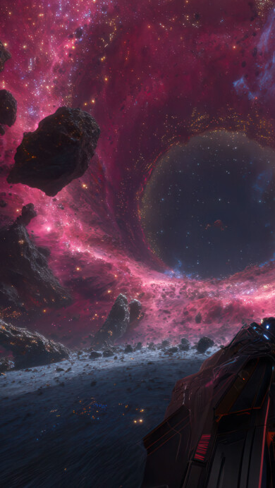 An expansive 4K wallpaper showcasing a dark, futuristic starship exploring a vast cosmic landscape, surrounded by large, rugged asteroids and dominated by a swirling pink and magenta nebula. The vibrant fuchsia and deep purple gas of the vortex spirals towards a mysterious central dark void, casting a dramatic, otherworldly glow on the light-speckled asteroid field.