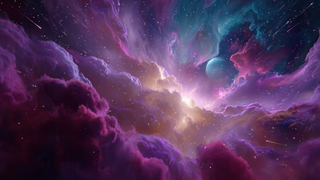 A breathtaking 4K wallpaper reveals a vast, luminous nebula swirling with gas and dust in deep space, illuminated by countless stars and a distant pale blue planet. A brilliant golden core radiates through the nebula's vibrant purple, pink, and teal clouds, creating a dynamic and ethereal cosmic spectacle with streaking meteor trails.