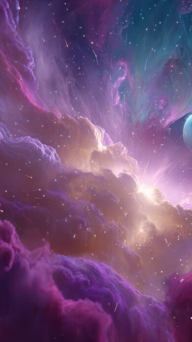A breathtaking 4K wallpaper reveals a vast, luminous nebula swirling with gas and dust in deep space, illuminated by countless stars and a distant pale blue planet. A brilliant golden core radiates through the nebula's vibrant purple, pink, and teal clouds, creating a dynamic and ethereal cosmic spectacle with streaking meteor trails.