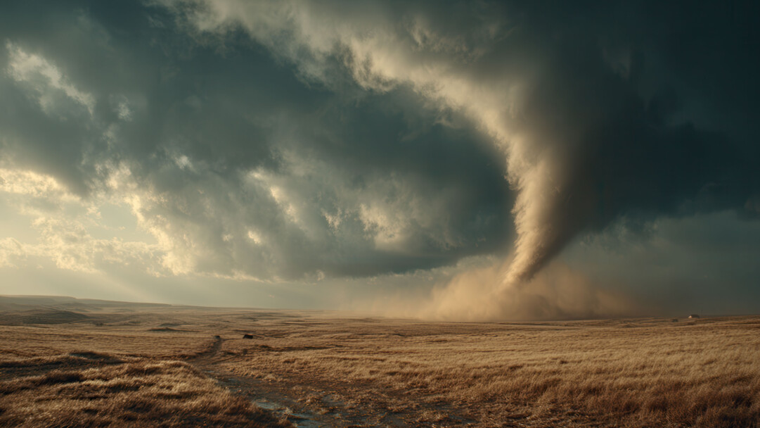 A dramatic 4K wallpaper featuring a massive, swirling tornado funnel cloud dominating a vast, golden-brown plain under a tumultuous sky. Sunlight pierces through the dark storm clouds, brilliantly illuminating the tornado's formidable form and kicking up a powerful dust cloud from the dry ground.