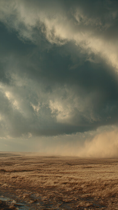 A dramatic 4K wallpaper featuring a massive, swirling tornado funnel cloud dominating a vast, golden-brown plain under a tumultuous sky. Sunlight pierces through the dark storm clouds, brilliantly illuminating the tornado's formidable form and kicking up a powerful dust cloud from the dry ground.