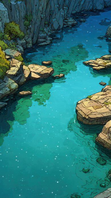 A vibrant 4K wallpaper showcasing a turquoise river flowing through a canyon with sunlit rocks and green trees. The brilliant, crystal-clear water glows under the light, revealing submerged rocks and contrasting beautifully with the warm, textured canyon walls.