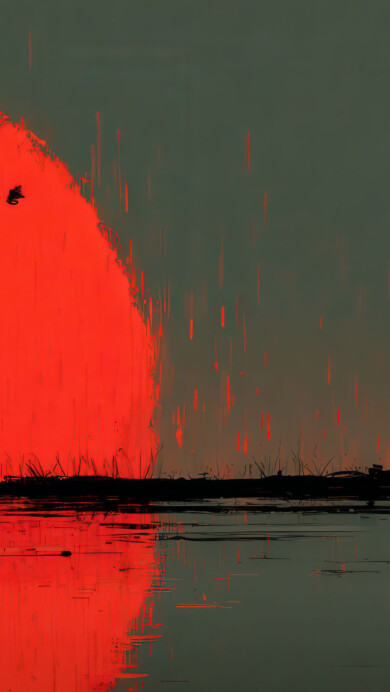 An evocative 4K wallpaper presenting two silhouetted figures, a couple, embracing by the water's edge under a colossal, fiery red sunset. The striking, mirror-like reflection of the intense red sun in the water, against the muted green-grey sky, creates a powerfully romantic and dramatic atmosphere.