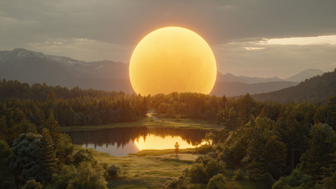 A surreal 4K wallpaper showcasing a colossal, glowing golden orb descending over a tranquil mountain lake, nestled amidst dense evergreen forests and distant snow-capped peaks. The orb's intense radiance casts a vibrant golden reflection across the water, illuminating the foreground trees and creating a dreamlike, majestic atmosphere.