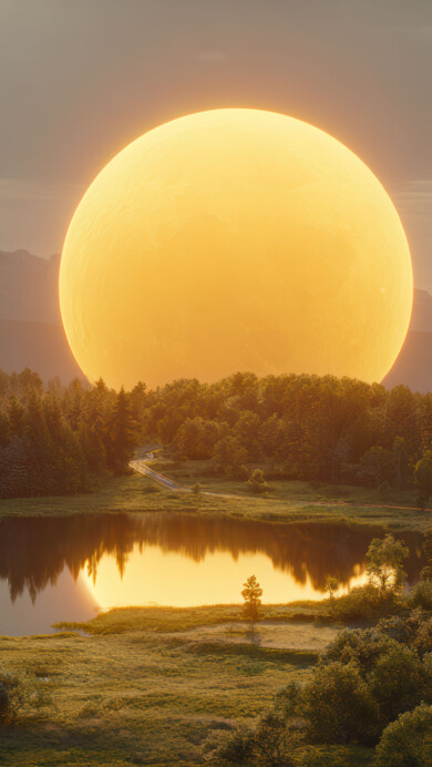 A surreal 4K wallpaper showcasing a colossal, glowing golden orb descending over a tranquil mountain lake, nestled amidst dense evergreen forests and distant snow-capped peaks. The orb's intense radiance casts a vibrant golden reflection across the water, illuminating the foreground trees and creating a dreamlike, majestic atmosphere.