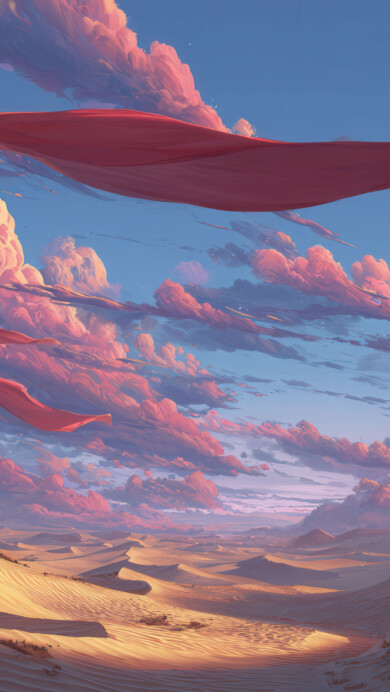 A vibrant 4K wallpaper showcasing a surreal desert landscape under a dramatic sky where large crimson fabric flows. Billowing pink and orange clouds fill the upper sky, their light casting long shadows over the rippled sand dunes below, creating a dreamlike, dramatic vista.