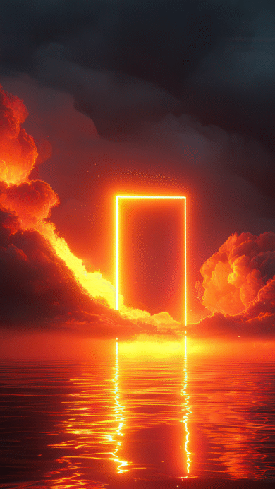 A mesmerizing 4K wallpaper featuring a brilliant, rectangular orange portal emerging from dark, rippling waters under a stormy, cloud-filled sky. Its intense glow dramatically illuminates the dark, billowing clouds with fiery orange light, casting a vibrant, shimmering reflection that stretches across the water's surface.