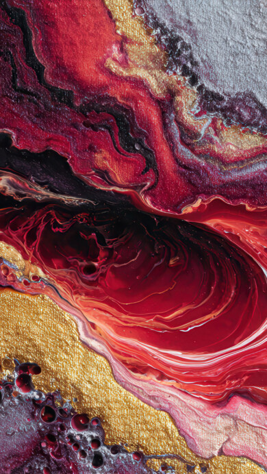 A dynamic 4K wallpaper presenting an abstract fluid art painting with swirls of metallic red, gold, and silver across the canvas. Glossy rivers of deep red and metallic silver flow alongside areas of textured, shimmering gold and dark purples, creating a powerful, molten aesthetic.