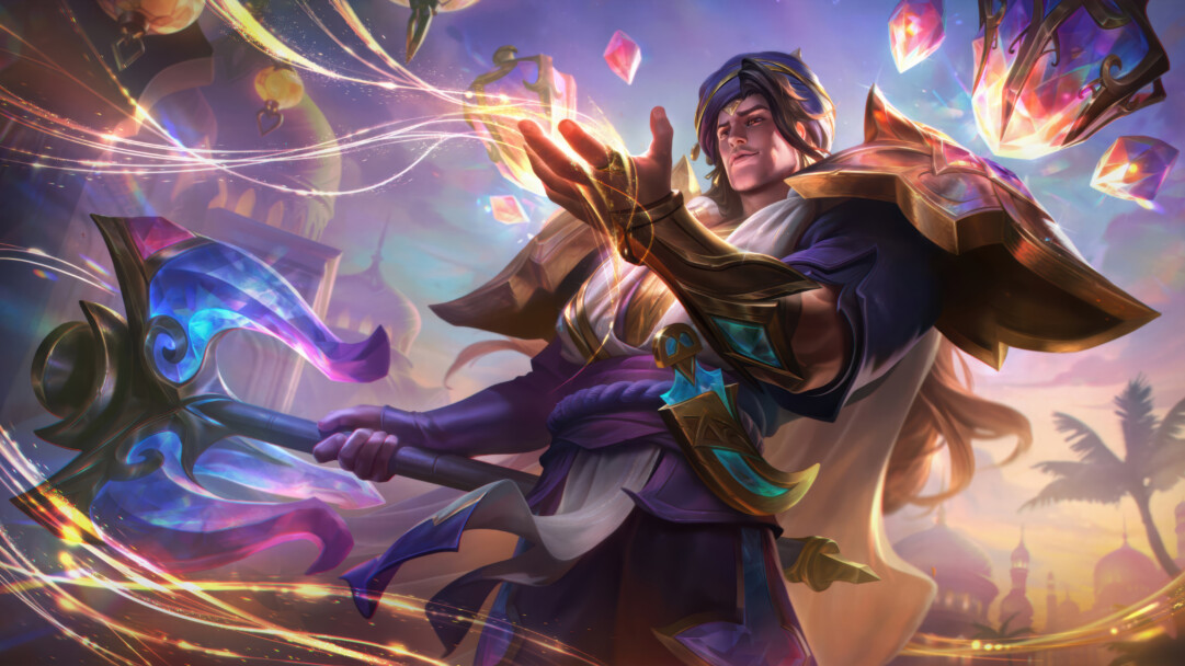 A radiant 4K wallpaper showcases Taric Fatebreaker, a handsome figure with a bejeweled staff, commanding glowing crystals against an ethereal, twilight cityscape. Dynamic streaks of golden light and shimmering, multi-colored gems illuminate the scene, casting a majestic and magical aura over the powerful champion.