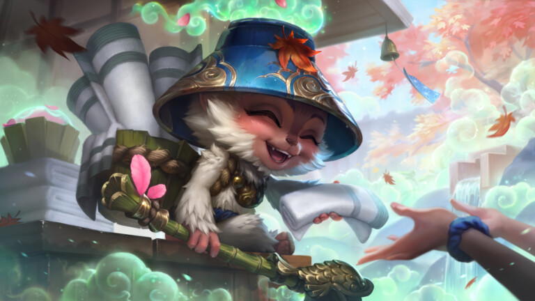 A charming 4K wallpaper capturing a cheerful, furry Teemo, adorned in a blue and gold hat with an autumn leaf, gleefully offering a towel from a wooden ledge at a serene spirit blossom springs. Soft, glowing green and white mist billows around him, creating an ethereal ambiance against a backdrop of vibrant autumn trees and a tranquil waterfall.