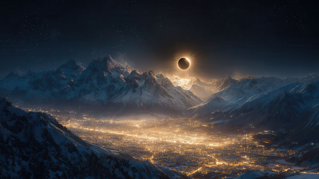 A breathtaking 4K wallpaper showcases a total solar eclipse dominating the night sky above a vast, sparkling metropolis nestled within snow-capped mountain ranges. The brilliant corona of the eclipse casts a golden glow on the surrounding peaks, while countless city lights shimmer below, creating a powerful interplay of celestial wonder and urban vibrancy.