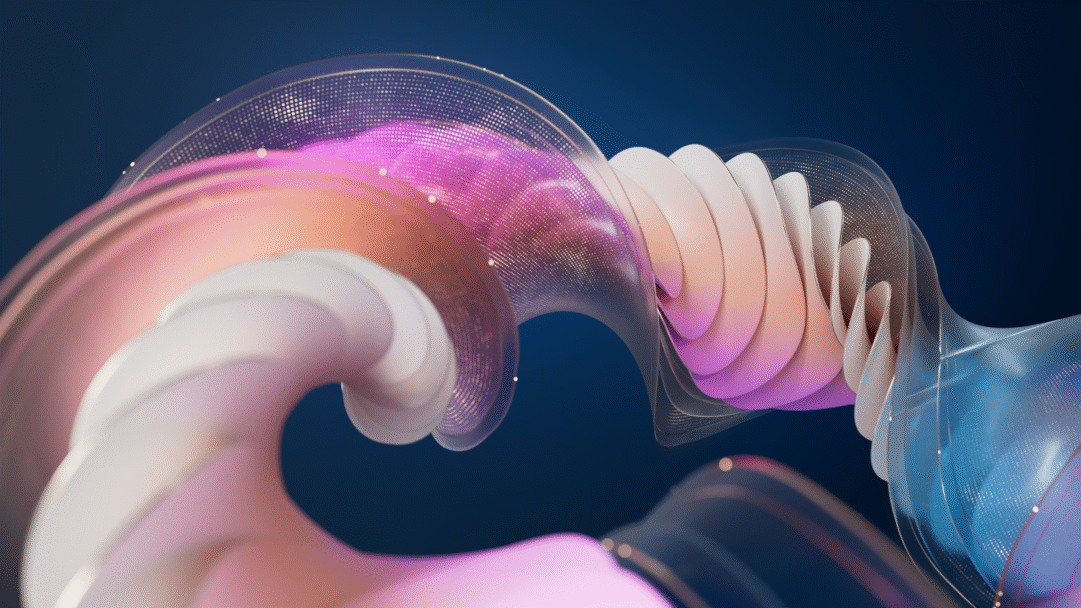 A vibrant 4K wallpaper features an intricate, flowing abstract design of translucent, undulating ribbons against a rich, dark blue backdrop. Soft pastel gradients of pink, orange, purple, and blue blend across the translucent surfaces, further illuminated by sparkling golden dot patterns and delicate scattered lights, creating an ethereal and dynamic visual.