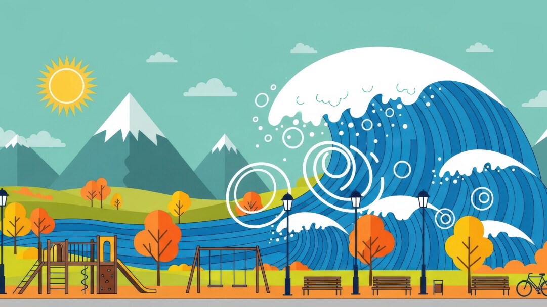A striking 4K wallpaper showcasing a massive blue tsunami wave about to crash into a vibrant urban park, complete with a playground and autumn-colored trees, all set against a backdrop of snow-capped mountains and a bright sun. The bold, layered illustration style dramatically contrasts the serene park elements with the overwhelming force of the approaching wave.
