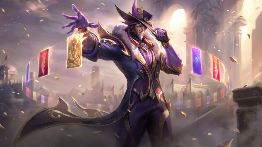 A regal 4K wallpaper featuring Twisted Fate in his Victorious skin, a dapper man in purple and gold attire, conjuring glowing cards within a grand, sun-kissed coliseum. Golden light bathes the scene, highlighting his confident smirk and the magical glow of the cards, creating an atmosphere of triumphant elegance and power.