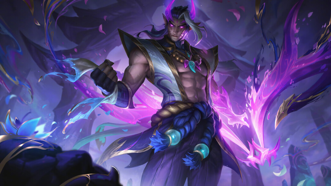 A mystical 4K wallpaper presents Varus, a muscular, horned figure with glowing purple eyes, standing confidently within an ethereal realm of swirling arcane energy. His commanding presence is amplified by the dynamic interplay of brilliant magenta and deep blue spiritual energies that envelop him, defining the image's otherworldly and powerful mood.