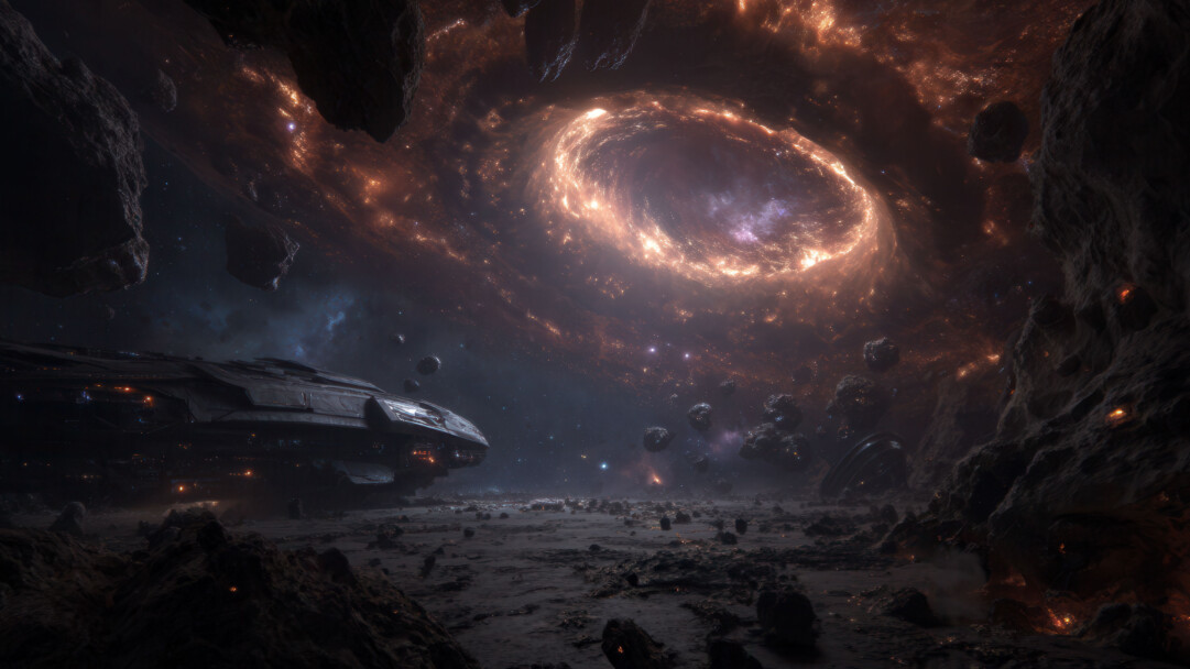 A breathtaking 4K wallpaper captures a vast, dark starship resting on a desolate, rocky terrain strewn with asteroids, under a sprawling cosmic sky. Above, a magnificent, blazing orange and red cosmic vortex dominates the heavens, its swirling energy illuminating the scene with an awe-inspiring, ominous glow.