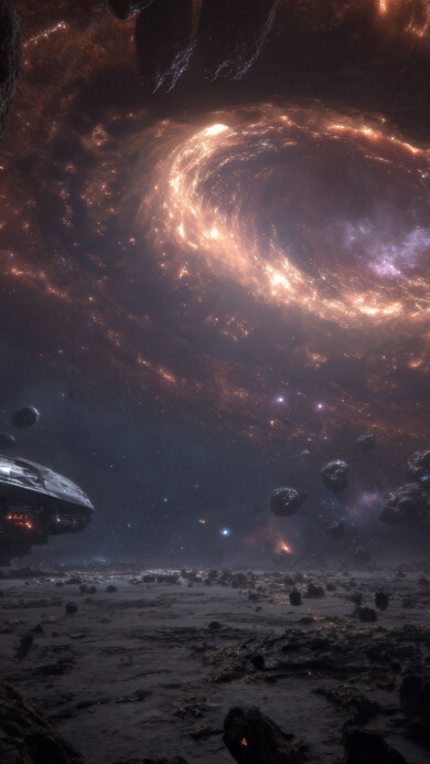 A breathtaking 4K wallpaper captures a vast, dark starship resting on a desolate, rocky terrain strewn with asteroids, under a sprawling cosmic sky. Above, a magnificent, blazing orange and red cosmic vortex dominates the heavens, its swirling energy illuminating the scene with an awe-inspiring, ominous glow.