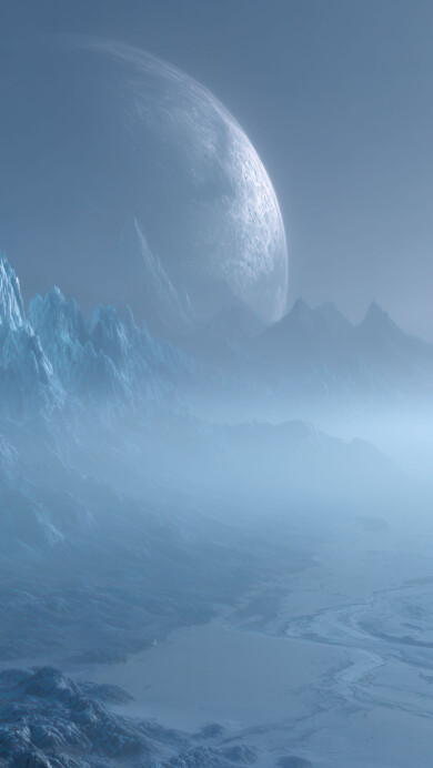 An otherworldly 4K wallpaper depicts a vast, icy alien landscape dominated by jagged, blue-tinted mountains and a sprawling frozen plain, all set under the looming presence of a colossal, mysterious planet in the sky. The pervasive blue-gray mist and ethereal light emanating from the distant planet create a hauntingly serene and desolate atmosphere across the frigid terrain.