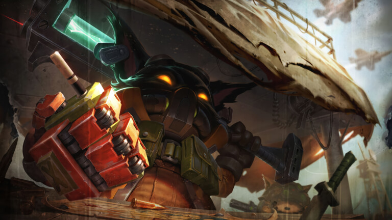 A gritty 4K wallpaper showcasing Veigar in his Omega Squad skin, a small, menacing tactical figure with glowing eyes, positioned in a dark, war-torn industrial setting. The ominous orange glow from his eyes and the vibrant green energy from his weapon sharply contrast with the muted, debris-strewn foreground, while fighter jets hint at a raging battle in the bright, distant sky.