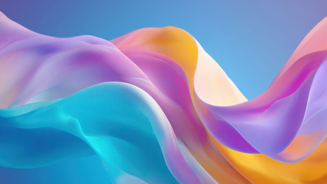 An exquisite 4K wallpaper showcasing abstract, flowing waves of translucent silk-like fabric in vibrant pastel colors against a soft blue sky background. The forms gently undulate, revealing delicate textures and a luminous interplay of teal, lavender, pink, and golden hues, creating a serene and ethereal mood.