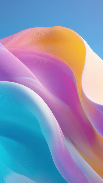 An exquisite 4K wallpaper showcasing abstract, flowing waves of translucent silk-like fabric in vibrant pastel colors against a soft blue sky background. The forms gently undulate, revealing delicate textures and a luminous interplay of teal, lavender, pink, and golden hues, creating a serene and ethereal mood.