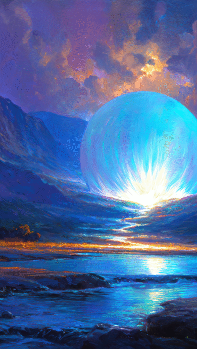 A magical 4K wallpaper of a massive, glowing blue orb nestled within a dark, majestic mountain range, overlooking a serene body of water. Its radiant light casts a vibrant turquoise glow across the water, contrasting dramatically with the deep blues of the mountains and the fiery orange clouds above.
