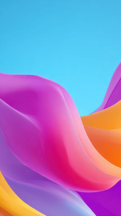 A vibrant 4K wallpaper showcasing abstract, undulating waves of pink, purple, orange, and yellow flowing gracefully across a light blue background. The translucent quality of the fluid forms allows for a mesmerizing interplay of light and color, creating soft gradients and a dynamic, ethereal mood.