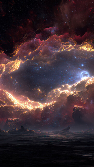 An epic 4K wallpaper depicting a vibrant cosmic nebula forming a glowing archway over a dark, rugged alien landscape under a starry sky. The intense gold and red light of the nebula dramatically contrasts with the shadowed ground below, creating a breathtaking and otherworldly atmosphere.