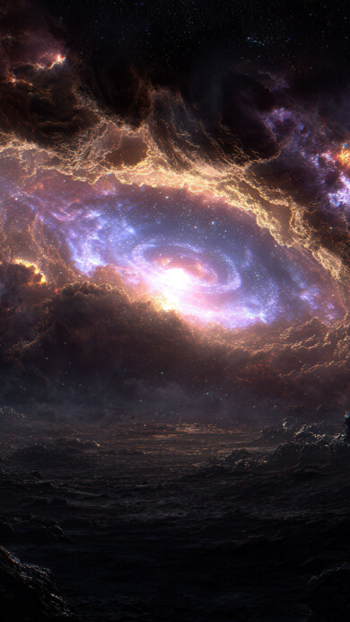 A vibrant 4K wallpaper showcasing a brilliant cosmic nebula swirling above a dark, rocky alien landscape under a star-filled sky. The nebula's glowing core and colorful gas clouds cast an ethereal light that highlights the desolate texture of the ground below.