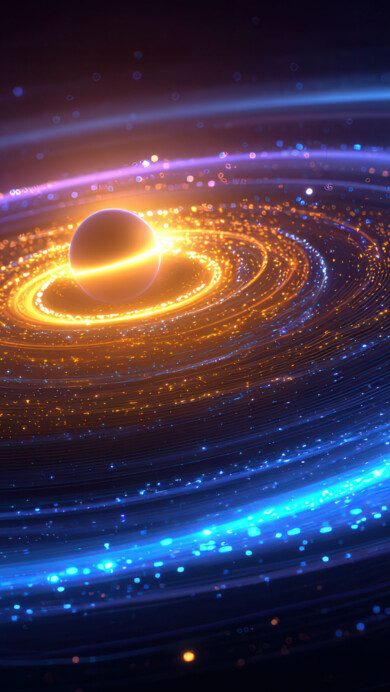 A dynamic 4K wallpaper of a brilliant, luminous orb at the heart of an intricate, swirling galaxy of light. Concentric rings of tiny, sparkling particles flow outwards, transitioning from vibrant orange and gold near the center to mesmerizing electric blues and purples, evoking a powerful, energetic cosmic dance.