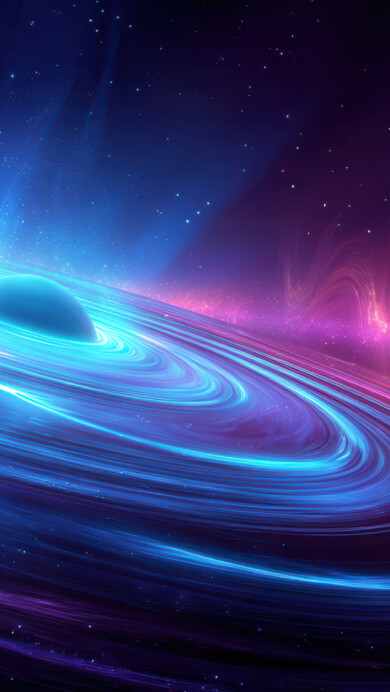 An ethereal 4K wallpaper displaying a luminous blue planet or nebula at the heart of a vast, swirling spiral galaxy in the depths of space. The image is defined by the vibrant contrast between the cool electric blues of the central spiral and the dynamic, undulating waves of fiery pink and orange light that pulsate across the star-strewn background.