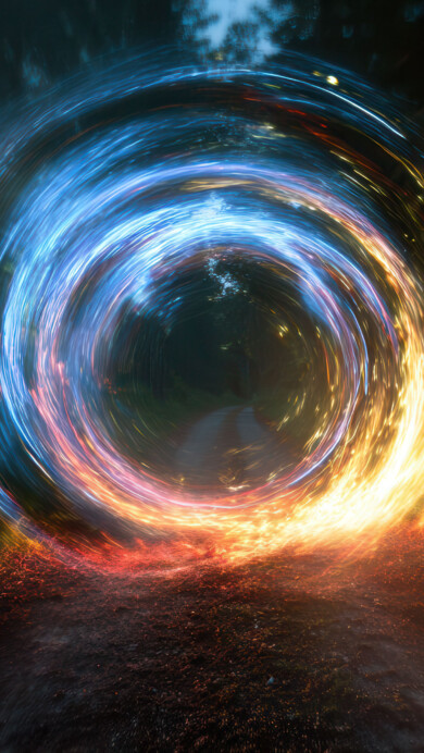 A captivating 4K wallpaper showcasing a luminous, swirling light portal centered on a dark, blurred forest path. The vibrant blue, orange, and gold energies coalesce and spark, creating an otherworldly glow that suggests an entrance to another realm.