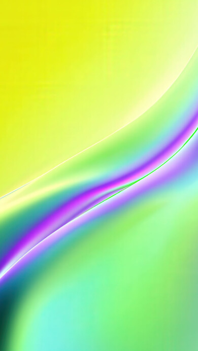 A vibrant 4K wallpaper showcasing a smooth abstract curve defined by blending gradients of colorful light. A bright white highlight emphasizes the flowing shape as intense yellow transitions through vivid greens and purples to soft blues and gray.
