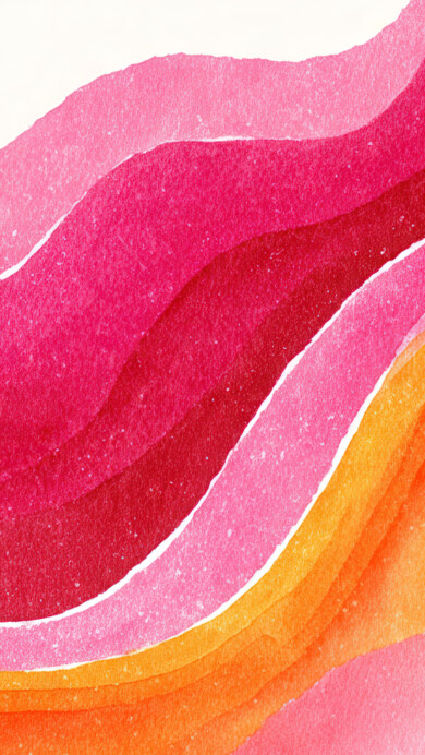 A captivating 4K wallpaper showcasing flowing abstract layers of pink and orange watercolor across a white background. The vibrant gradient of fuchsia, magenta, and warm orange hues, separated by delicate white lines, creates a fluid and energetic composition.