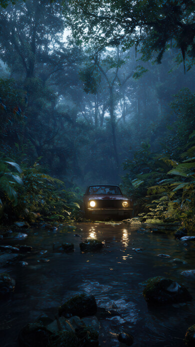 An atmospheric 4K wallpaper depicts a vintage car fording a shallow, rocky river deep within a misty, dense jungle at night. The car's luminous golden headlights pierce the dense, dark foliage and reflect intensely on the flowing water, beautifully contrasting with the cool, misty blues and greens of the surrounding nocturnal jungle.