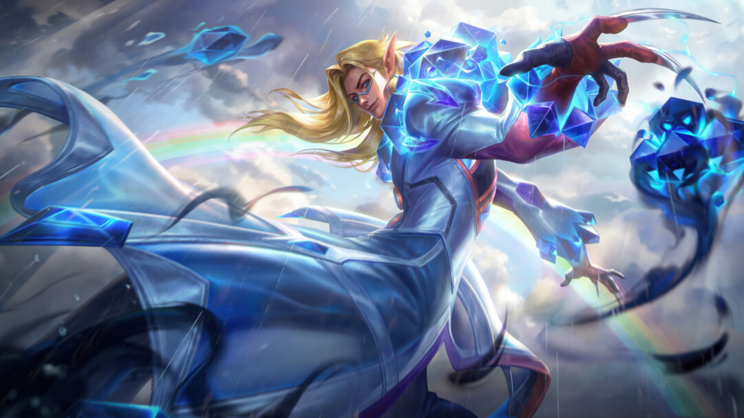 A magical 4K wallpaper of a powerful blonde-haired elven figure in a futuristic blue and white suit, actively conjuring glowing blue crystals and dark tendrils in a dynamic, rain-swept sky. The electrifying blue luminescence of the crystals and his sharp, confident expression dominate the scene, intensely contrasting with the somber clouds and a subtle rainbow to convey formidable elemental power.