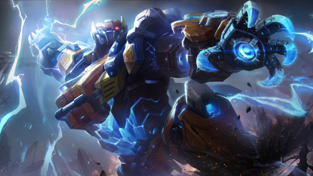 A dynamic 4K wallpaper featuring the massive Volibear Mecha skin, radiating electric energy in a desolate, debris-strewn urban battlefield. The vivid blue electrical discharge emanating from its paws and chest, along with its piercing red eyes, creates an electrifying sense of immense power and impending impact.