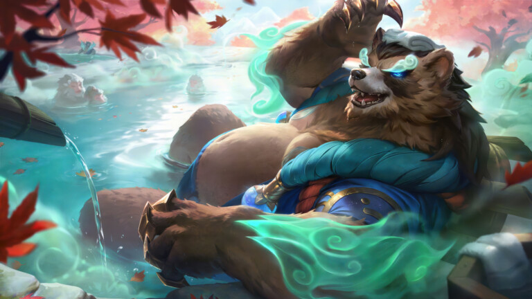 A tranquil 4K wallpaper featuring Volibear, a majestic bear-spirit adorned with azure and gold, comfortably immersed in a misty, autumn hot spring. His glowing cerulean eyes and swirling ethereal teal energy strikingly contrast with the warm, hazy steam and floating crimson maple leaves, evoking a deep sense of peace and mystic calm.