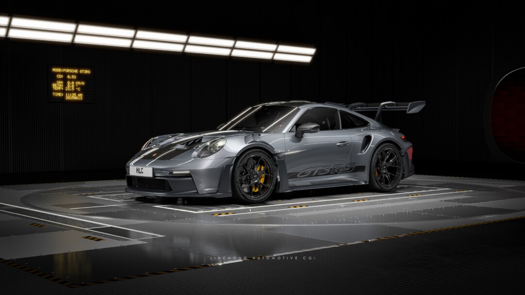A captivating 4K wallpaper showcasing a pristine white Porsche 911 GT3 RS with the Weissach Package, precisely parked on a sleek, dark studio floor. The intense studio lighting brilliantly accentuates its aggressive aerodynamic form and the distinctive, exposed carbon fiber elements, conveying both precision engineering and immense power.