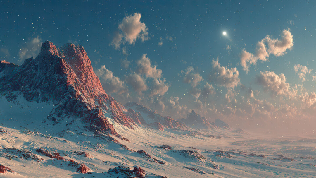 A breathtaking 4K wallpaper capturing snow-covered mountain peaks in a vast winter landscape under a starlit, twilight sky. The dramatic reddish glow illuminating the craggy mountain faces provides a striking contrast with the cool blue and white snow, creating an ethereal and majestic mood beneath the sparkling heavens.