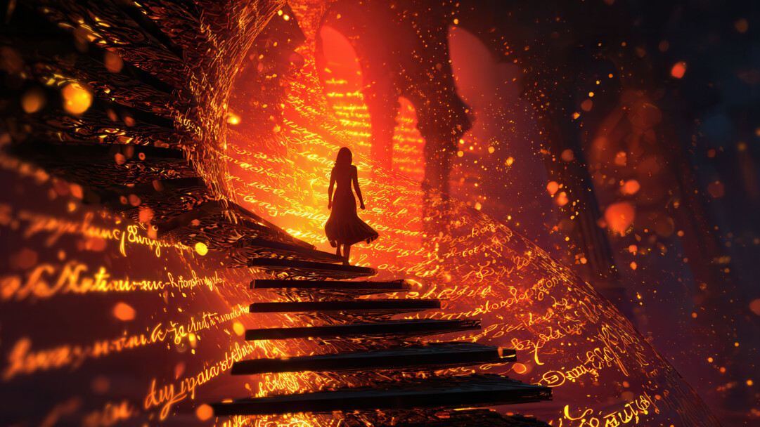 An evocative 4K wallpaper featuring a silhouetted woman ascending a grand, spiraling stairway in a dark, mystical cavern. Golden, luminous script and countless glowing particles swirl around her, casting the scene in a warm, fiery amber light that creates a powerful sense of an ethereal journey.