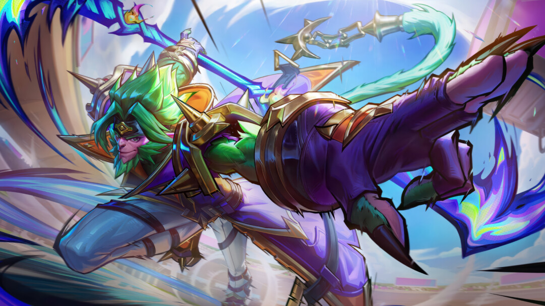 A vibrant 4K wallpaper showcasing Wukong in his Soul Fighter skin, depicted in a dynamic combat pose within a bright, stylized arena. The intense interplay of neon purples, greens, and blues against radiant golden armor creates a powerful and energetic visual spectacle.