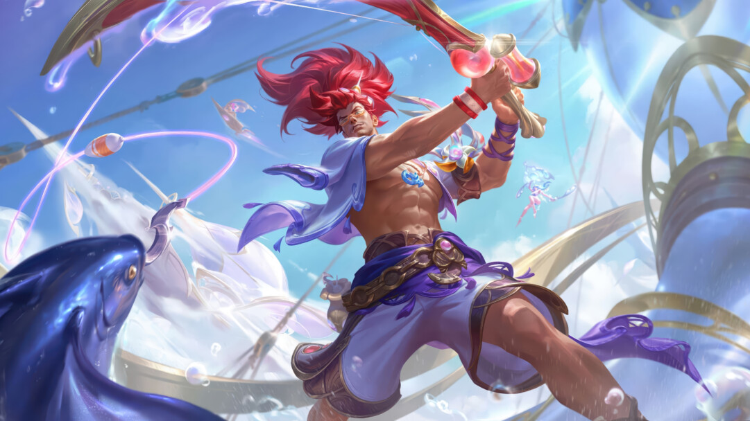 A vibrant 4K wallpaper showcasing Yasuo, the League of Legends champion, in his Summer Party skin, poised for action against a bright blue sky at a fantastical aquatic celebration. His fiery red hair and glowing crystal-bow weapon contrast dramatically with the vivid blues and purples, amplified by shimmering light and dynamic water effects that capture the energetic and celebratory spirit.
