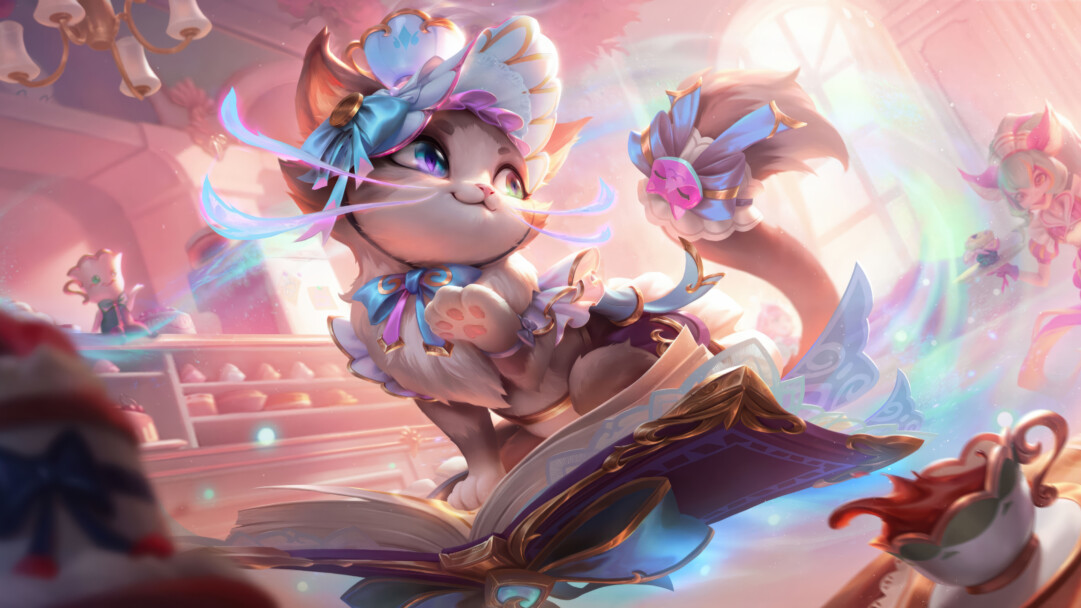 A whimsical 4K wallpaper showcasing a charming, fluffy cat-like creature named Yuumi, adorned in a detailed chef's hat and bow, standing playfully on an open, ornate book within a luminous pastel cafe. Iridescent magical light cascades around her, illuminating the soft textures of her fur and the delicate pastries, creating a dreamlike and inviting scene.