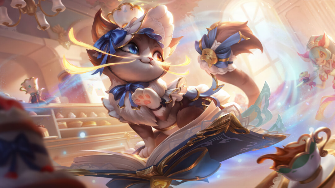 An enchanting 4K wallpaper showcasing an adorable, fluffy cat-like creature named Yuumi, dressed as a patisserie chef, playfully floating on a magical book within a warm, pastel-hued cafe filled with delightful baked goods. Golden magical wisps and shimmering blue energy emanate from Yuumi and the book, creating a dreamlike glow that perfectly captures the scene's sweet, whimsical atmosphere.