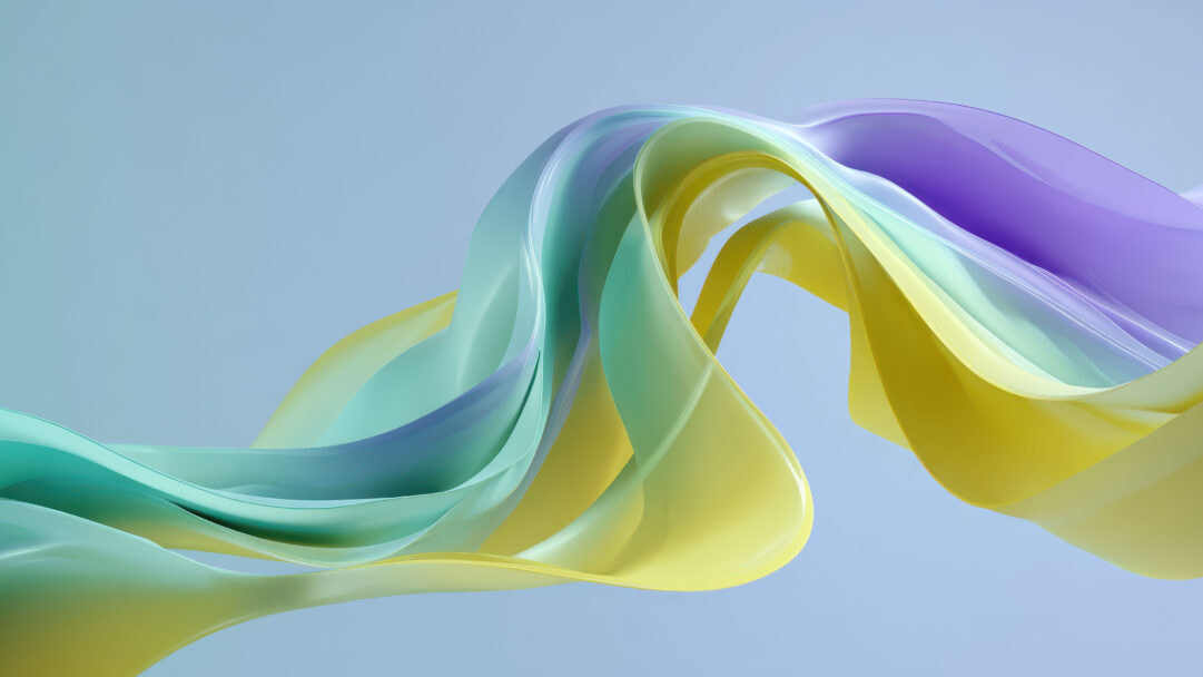 An exquisite 4K wallpaper showcasing abstract flowing pastel ribbons in shades of green, yellow, and purple against a soft light blue background. These translucent ribbons gracefully intertwine, creating gentle waves and luminous highlights that define a serene and ethereal mood.