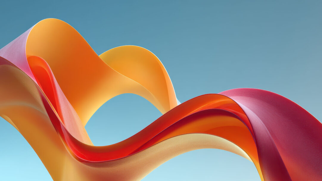 A vibrant 4K wallpaper showcasing several wide, abstract flowing ribbons in shades of orange and red against a serene blue background. The ribbons curve gracefully, displaying smooth gradients and subtle textures that shift from bright orange to deep crimson, creating a sense of fluid motion and modern elegance.