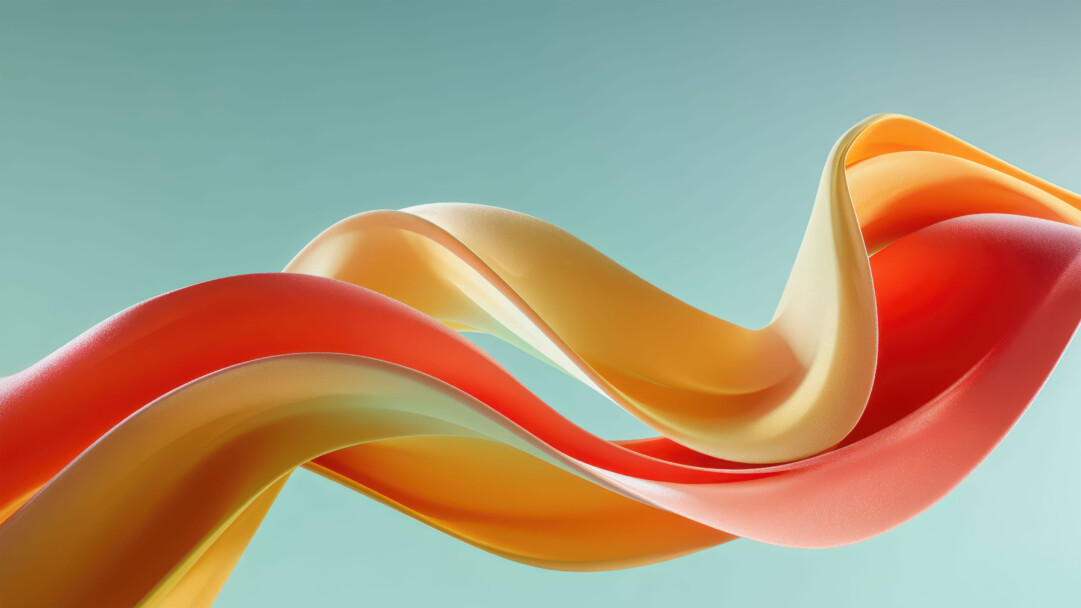 A captivating 4K wallpaper of abstract, flowing ribbons gracefully presented against a serene, light blue-green background. These smooth, undulating forms in vibrant shades of orange, yellow, and red display delicate light and shadow play, embodying the clean, dynamic aesthetic typical of Windows 11.