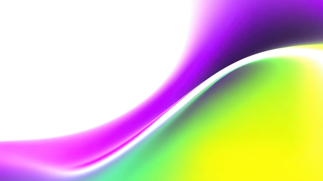 A mesmerizing 4K wallpaper capturing an abstract gradient background with vibrant purple, green, and yellow hues flowing against a crisp white space. A luminous, curving white line sharply delineates the radiant color progression, creating a sense of fluid motion and bright contrast.