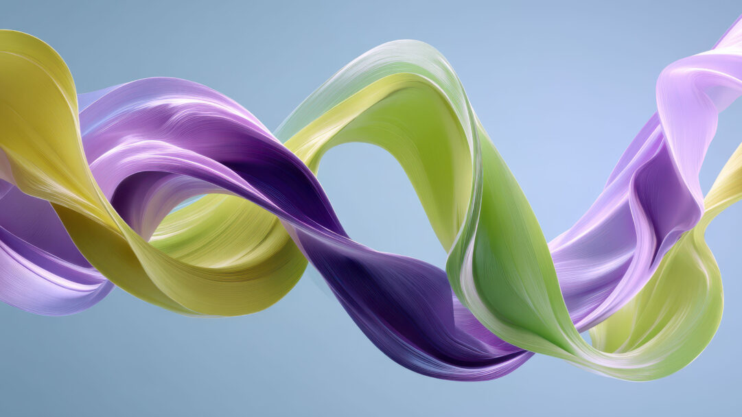 A captivating 4K wallpaper presents an elegant dance of abstract purple, green, and yellow swirls against a serene light blue backdrop. These smooth, ribbon-like forms gracefully intertwine and overlap, highlighted by delicate lighting that emphasizes their fluid motion and subtle textural details, creating a harmonious and vibrant display.